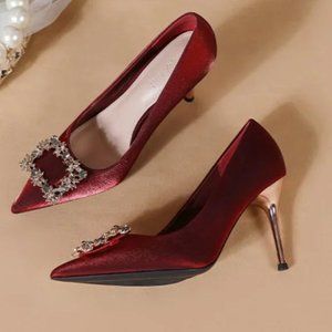 red rhinestones bridal shoes pointed single shoes female